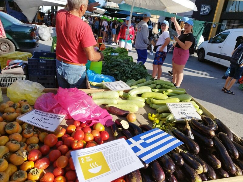 Leptokaria. Na bazarze. Na produktach leży plakat i flaga Grecji.